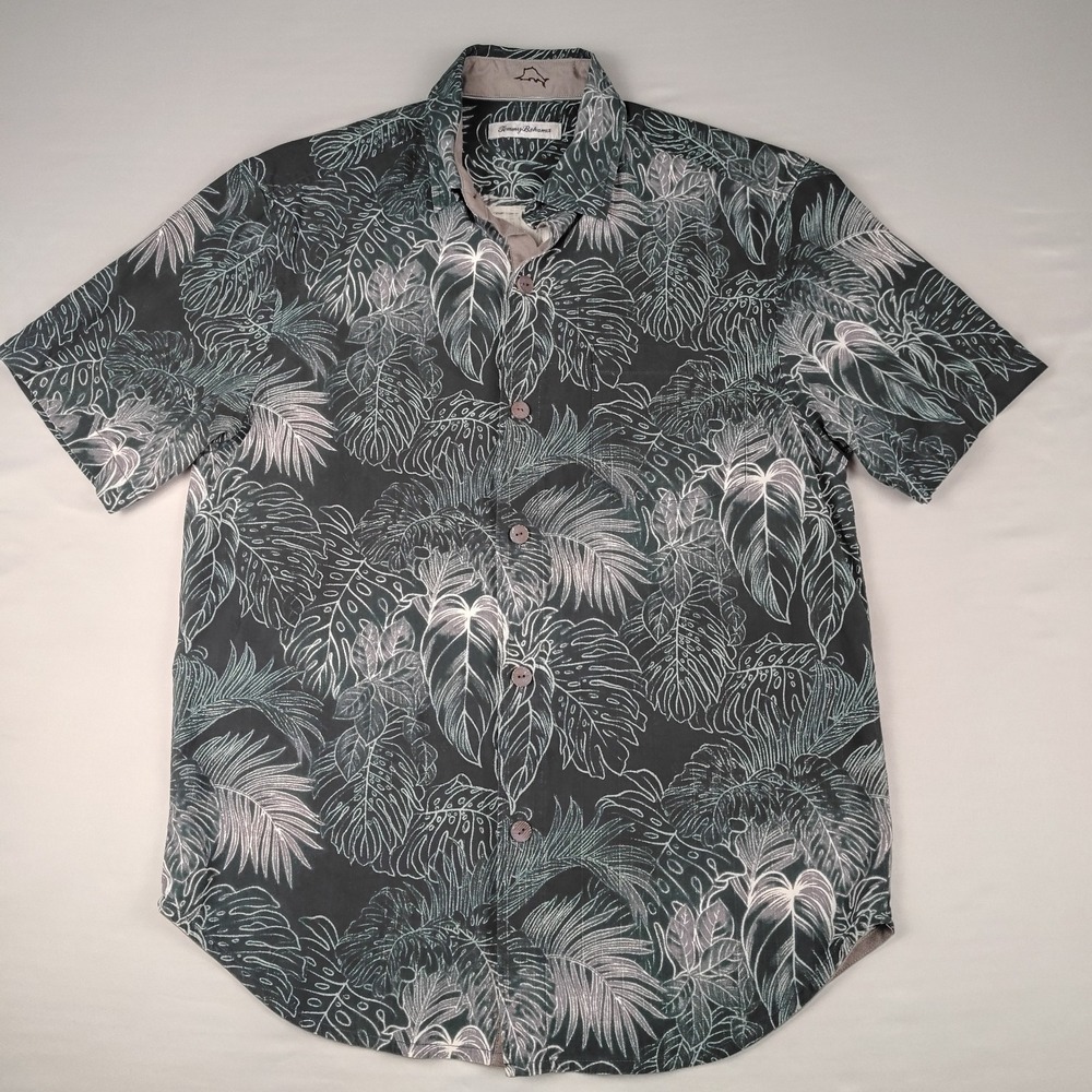 Tommy Bahama Mens S 100% Silk Hawaiian Shirt Tropical Monstera Floral Black
